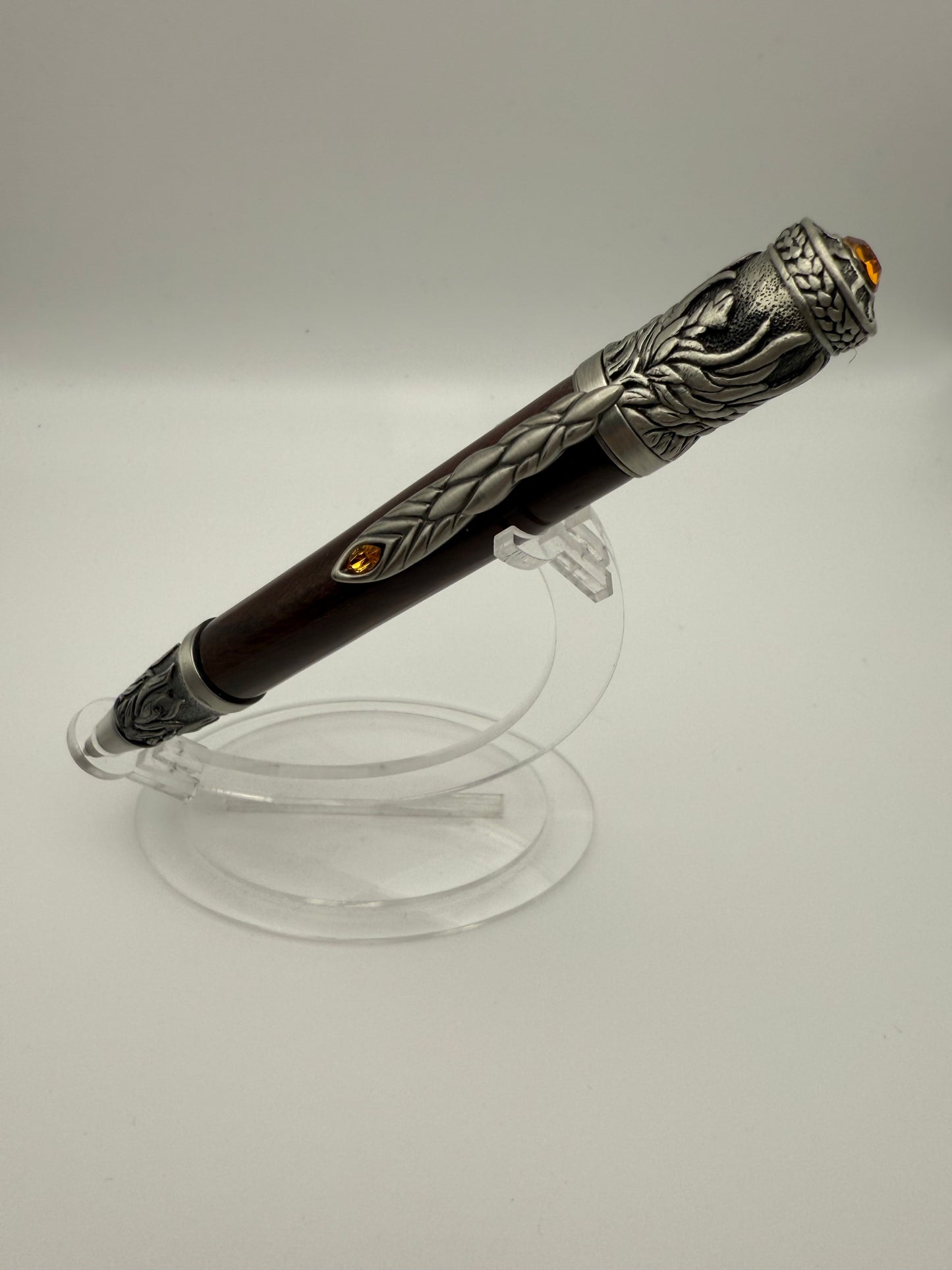Handmade Wooden Pen: Ebony Phoenix Rising in Pewter