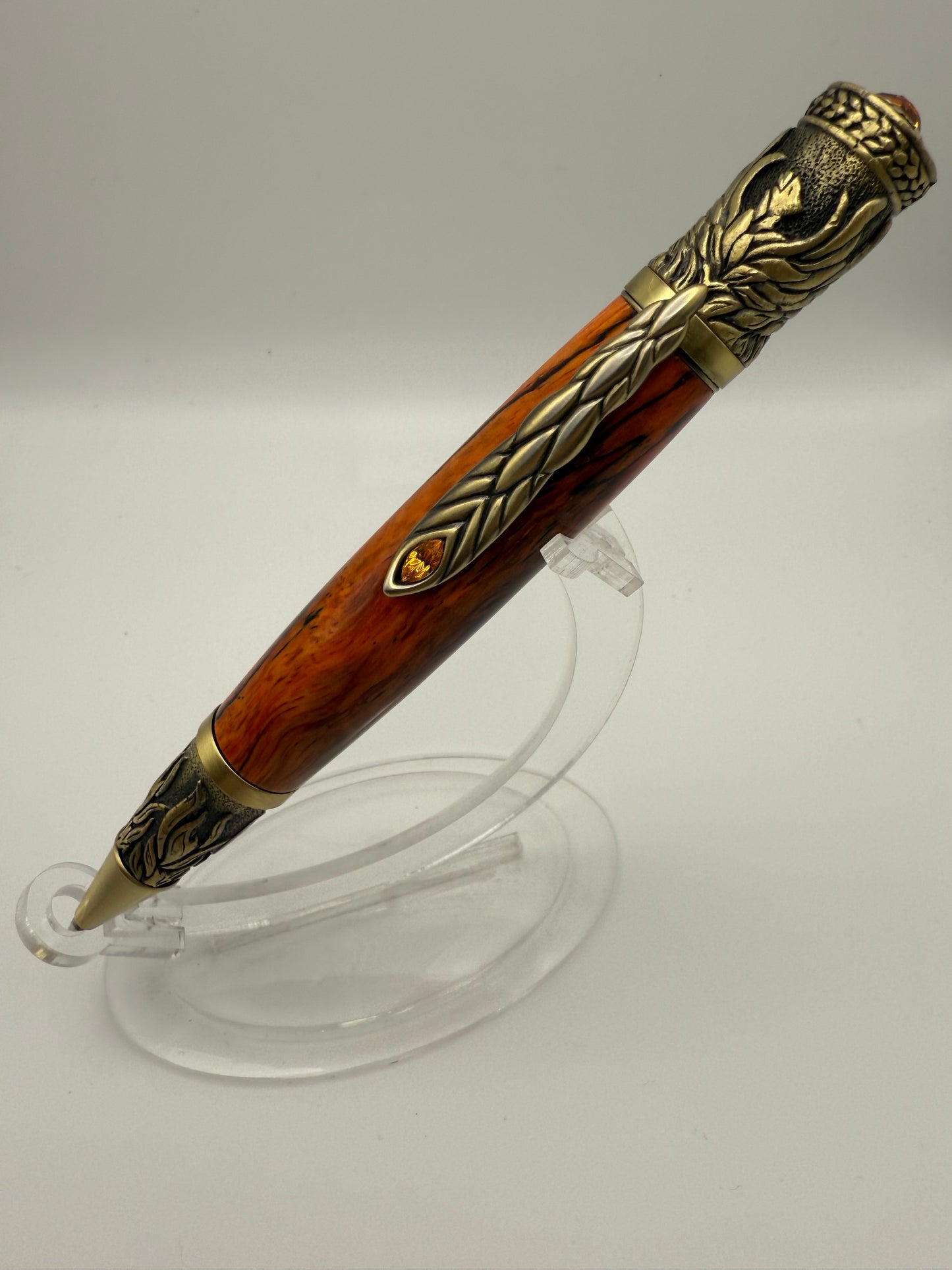 Handmade Wooden Pen: Phoenix Rising Brass in Orange Spalted Tamarind