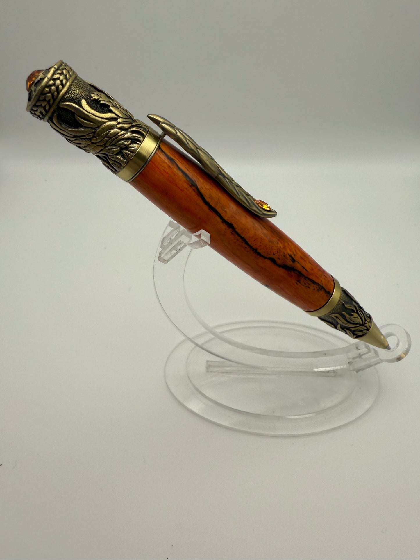 Handmade Wooden Pen: Phoenix Rising Brass in Orange Spalted Tamarind